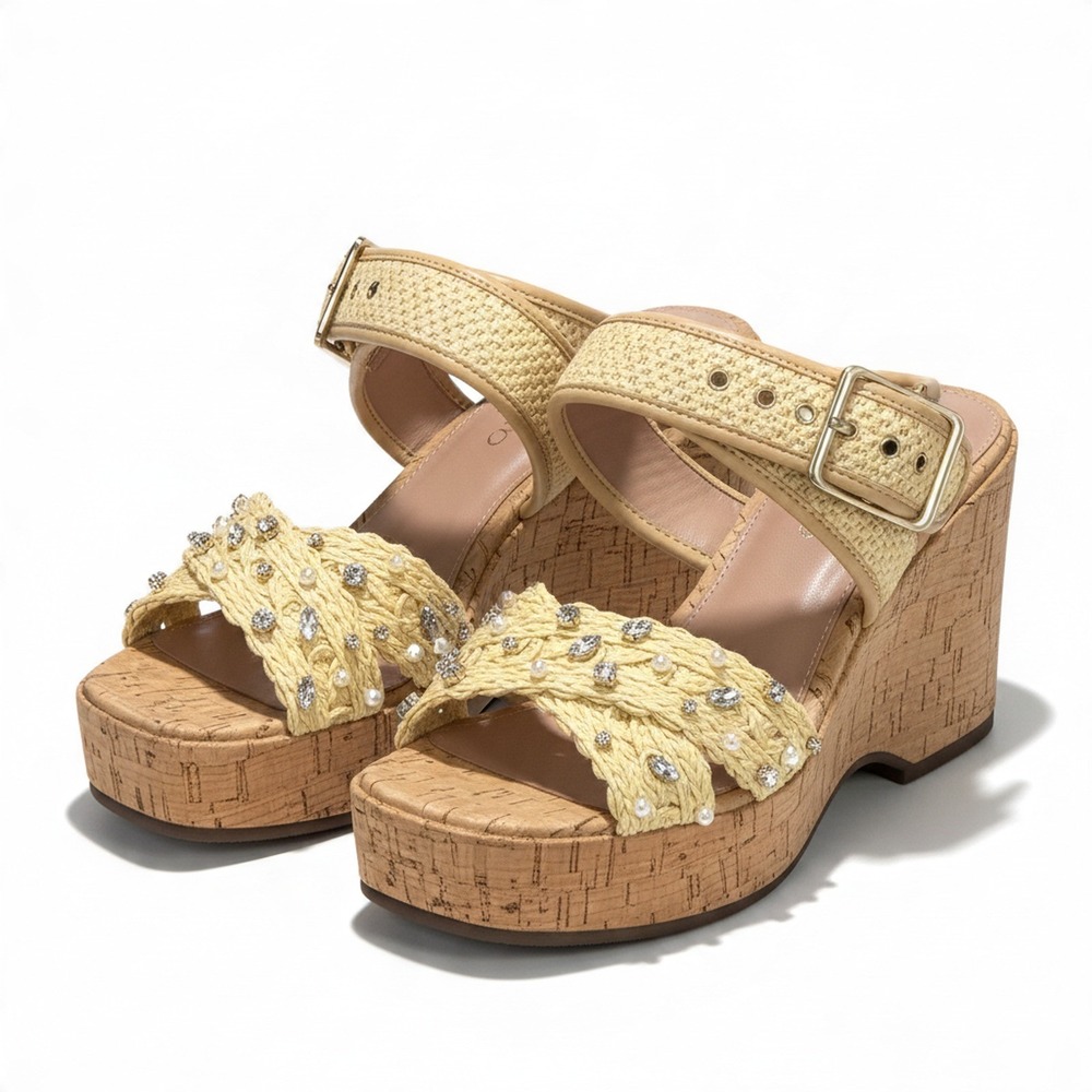 Linea Paolo Varena NIB Raffia Rhinestone Cork Platform Wedge Sandal 9.5 M